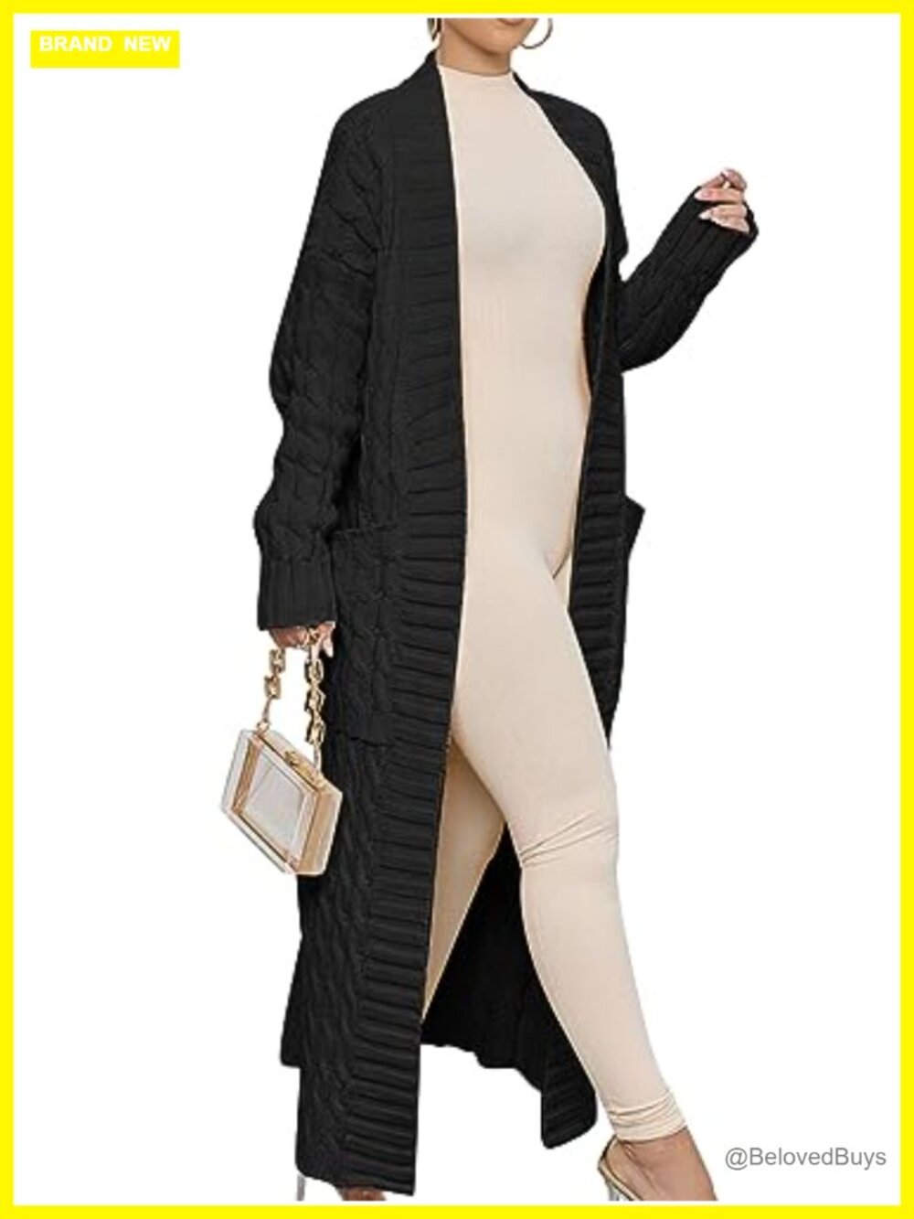 Open Front Cable Knit Long Cardigan Sweater Coat with Pockets - Picture 3 of 6